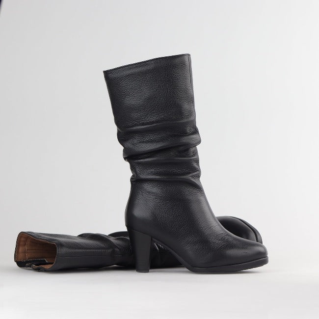 Mid-Calf Boot in Black | Leather Boot | South Africa Boots | Mid Heel Boot - with zip