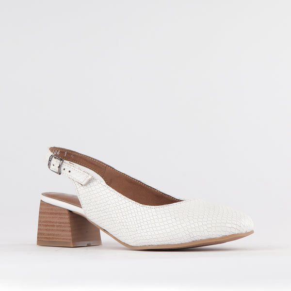 Block Heel Square Toe Slingback in White - 12595