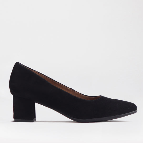 Pointed Block Heel Court Shoes in Black Suede - 12604
