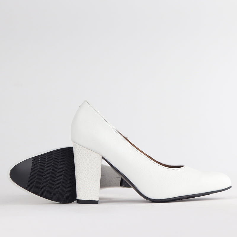 Pointed Court Shoes with Block High Heel in White Multi - 12625