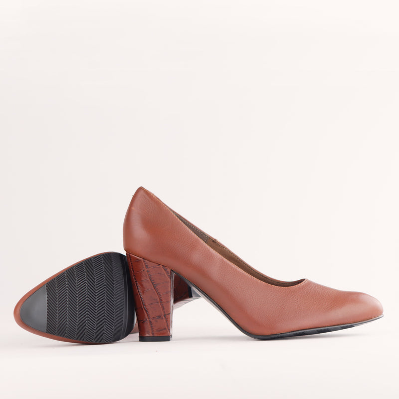 Pointed Court Shoes with Block High Heel in Chestnut - 12625