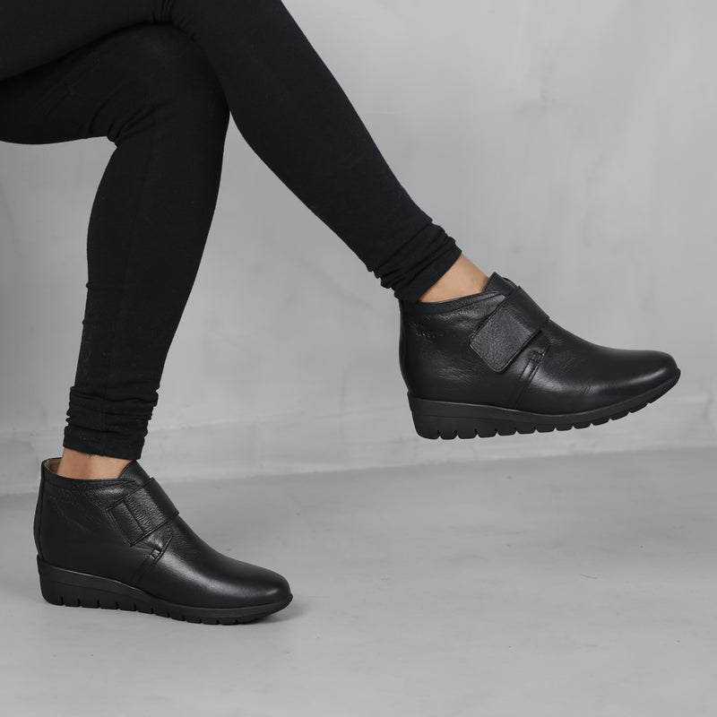 Wider Fit Ankle Boot with Velcro Strap in Black - 12251