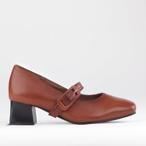 Mary Jane Block Heel Court in Chestnut- 12606