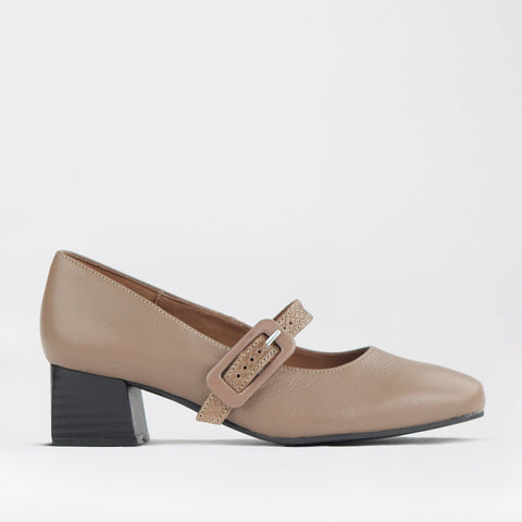 Mary Jane Block Heel Court in Stone - 12606