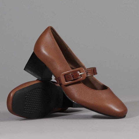 Mary Jane Block Heel Court in Chestnut- 12606