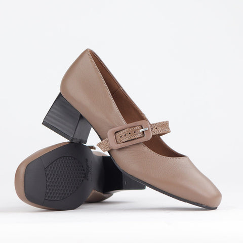 Mary Jane Block Heel Court in Stone - 12606