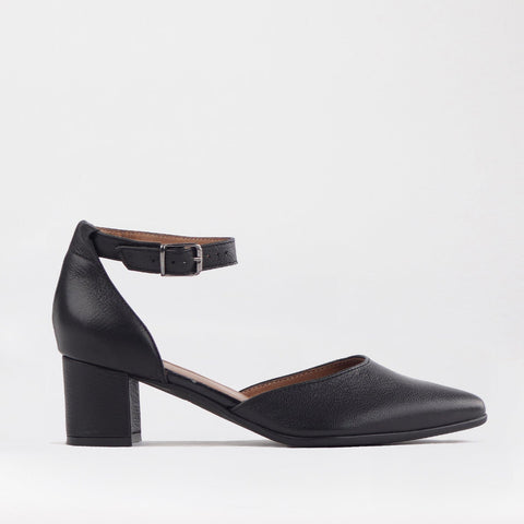 Pointed Block Heel with Ankle Strap in Black - 12802