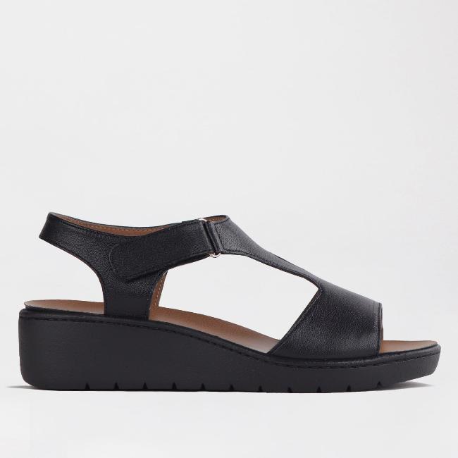 T-Bar Wedge Sandal with Removable Footbed in Black - Froggie | Leather ...