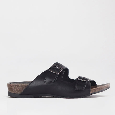 Double Buckle Birk Mules in Black - 12822