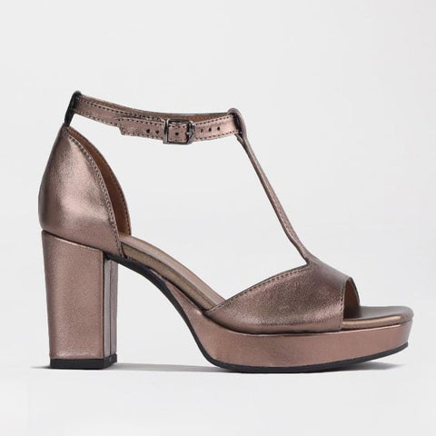 High Heel Platform T-Bar Sandal in Lead Metallic - 12677