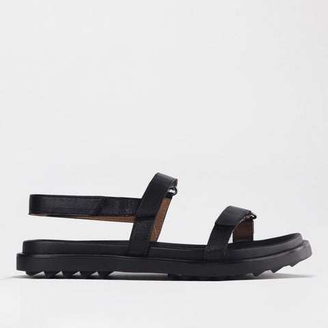 Velcro Leather Strappy Flat Sandal in Black - 12690