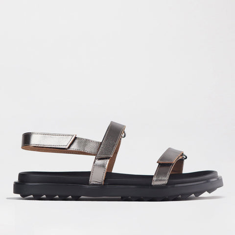 Velcro Leather Strappy Flat Sandal in  Pewter - 12690