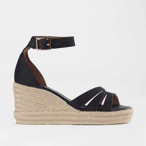 Espadrille Ankle Strap Wedge Sandal in Black - 12682