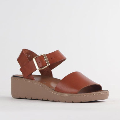 Froggie Shoes Shoes Double Band Wedge Slingback Sandal with Removable Footbed Cognac - 12665