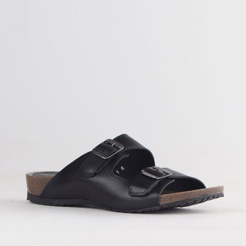 Double Buckle Birk Mules in Black - 12822