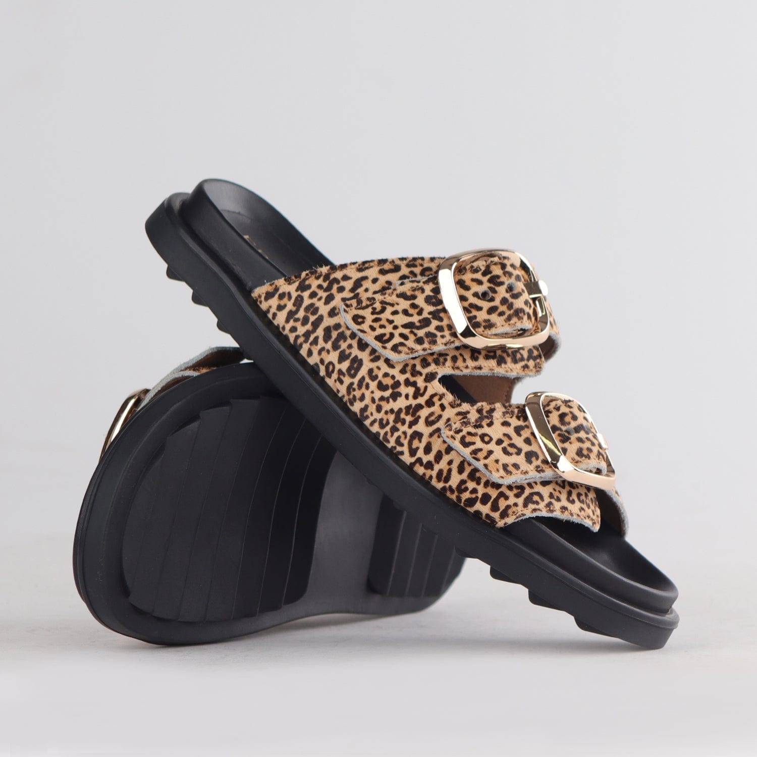 Froggie Shoes Shoes Double Buckle Mules in Cheetah Tan - 12681