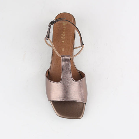 Elasticated Block Heel T-bar Sandal in Lead Metallic- 12668