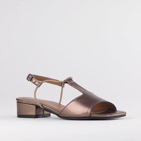 Elasticated Block Heel T-bar Sandal in Lead Metallic- 12668