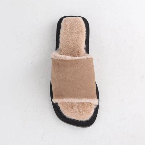 Flat Mule Sandal with Genuine Sheepskin lining in Stone - 12710