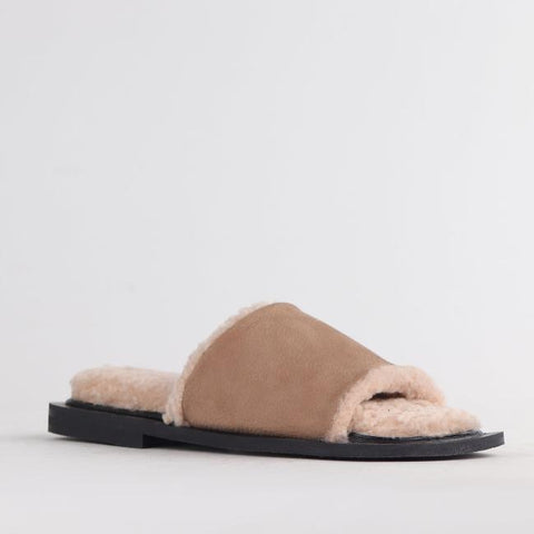 Flat Mule Sandal with Genuine Sheepskin lining in Stone - 12710