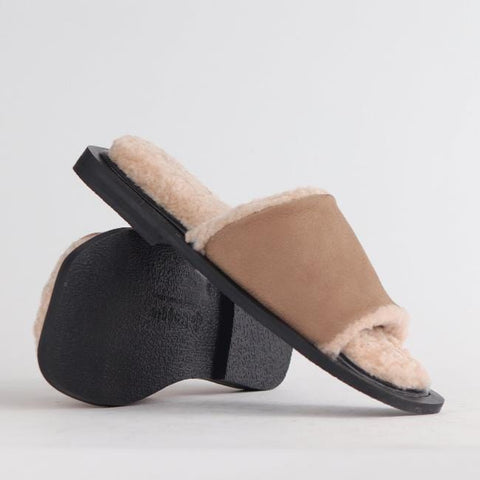 Flat Mule Sandal with Genuine Sheepskin lining in Stone - 12710