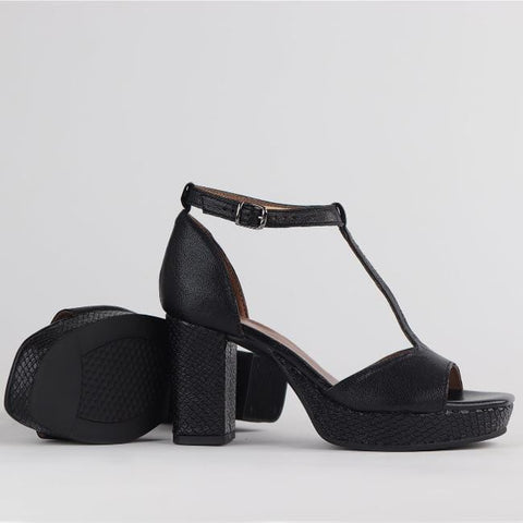 High Heel Platform T-Bar Sandal in Black - 12677