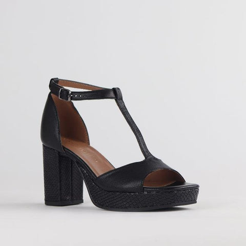 High Heel Platform T-Bar Sandal in Black - 12677