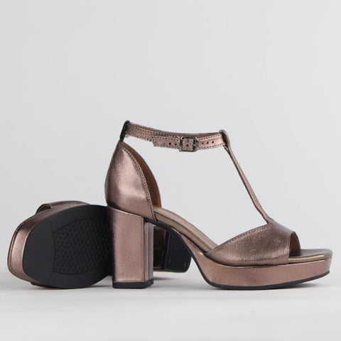 High Heel Platform T-Bar Sandal in Lead Metallic - 12677