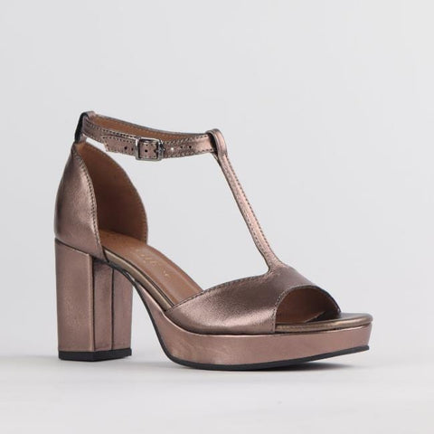 High Heel Platform T-Bar Sandal in Lead Metallic - 12677