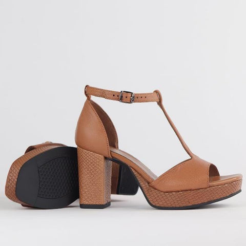 High Heel Platform T-Bar Sandal in Tan - 12677