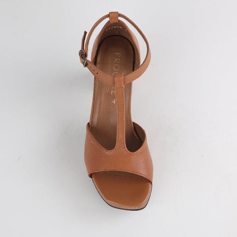 High Heel Platform T-Bar Sandal in Tan - 12677