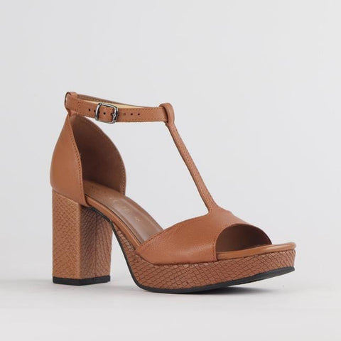 High Heel Platform T-Bar Sandal in Tan - 12677