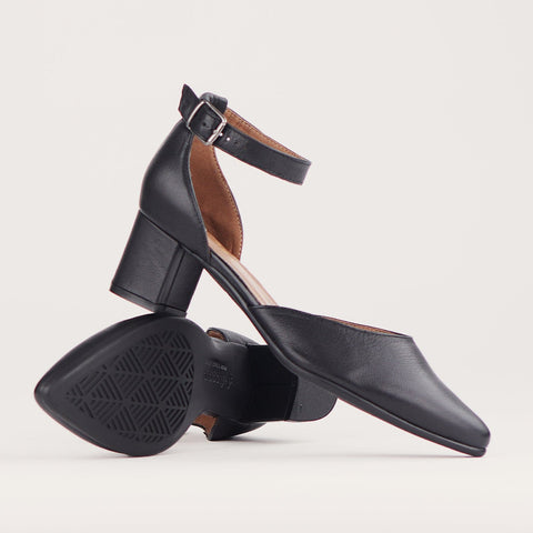 Pointed Block Heel with Ankle Strap in Black - 12802