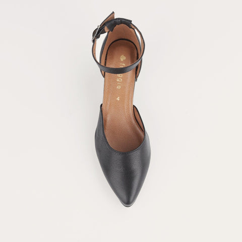 Pointed Block Heel with Ankle Strap in Black - 12802