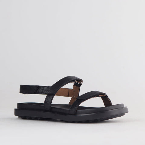 Velcro Leather Strappy Flat Sandal in Black - 12690