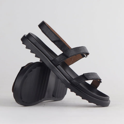 Velcro Leather Strappy Flat Sandal in Black - 12690