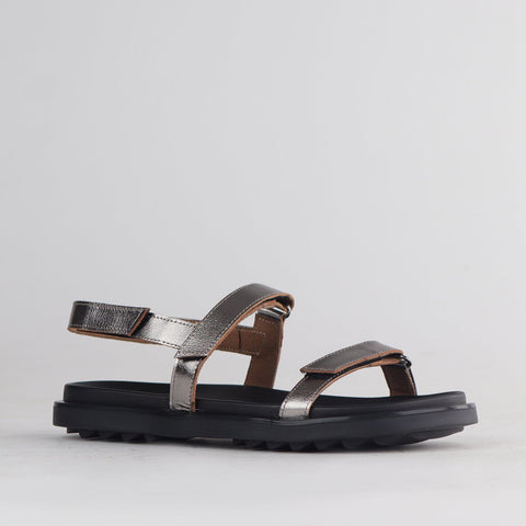 Velcro Leather Strappy Flat Sandal in  Pewter - 12690