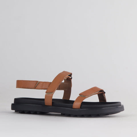 Velcro Leather Strappy Flat Sandal in Tan - 12690