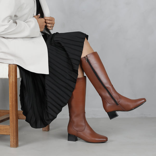 Knee High Block Heel Boot in Chestnut - 12608