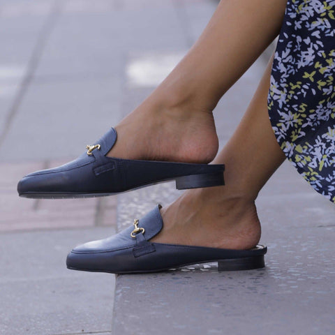 Open back mule with gold trim in Navy - 12450